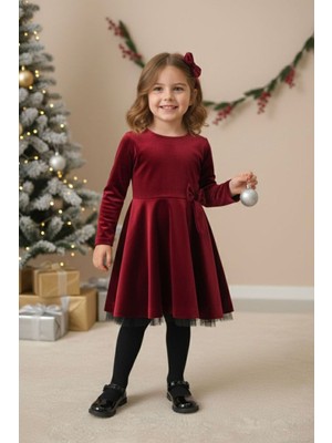 Miniğimin Cicileri Kadife Tül Detaylı Kız Çocuk Elbise - Kırmızı