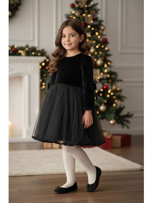 Miniğimin Cicileri Kadife Kolları Fiyonk Detaylı Tül Kız Çocuk Elbise - Siyah