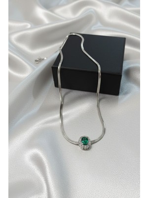 Aslı Kiraz Jewerly Yeşil Taşlı Italyan Zincir Gümüş Kolye