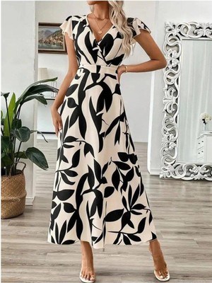 Faylora Kadın Kısa Kelebek Kollu Kruvaze Yaka Desenli Süprem Elbise