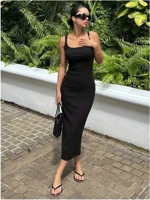 Faylora Kadın Ip Askılı Yuvarlak Yakalı Yırtmaçlı Midi Kaşkorse Elbise