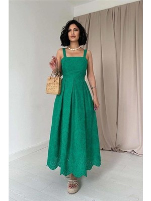 Faylora Yeşil Askılı Aparatlı Brode Elbise