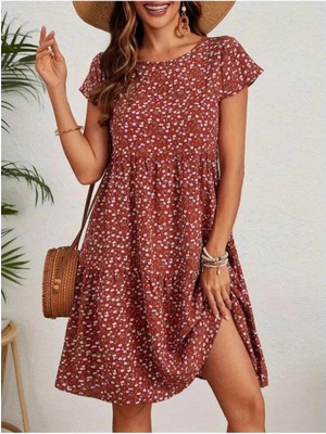 Faylora Kadın Kısa Kollu Bisiklet Yaka Çiçek Desenli Süprem Elbise