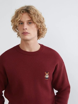 LC Waikiki Xsıde Kırmızı Bisiklet Yaka Ayı Teddy Nakışlı Erkek Triko Kazak
