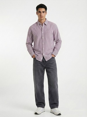 LTB Uzun Kollu Önü Düğmeli Çizgili Beyaz Gömlek