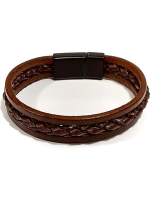 Herşey Nota Kahverengi Örgü ve Deri Kombinli Erkek Bileklik | Hakiki Deri – Mıknatıslı Metal Tasarım