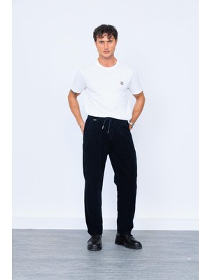 Lacivert Beli Lastikli Kalın Fitilli Kadife Pantolon