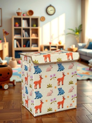 Luxway Home Wild Animals Büyük Boy Kapaklı Kirli Çamaşır Oyuncak Düzenleyici Saklama Kutusu Sepeti 40X50X30
