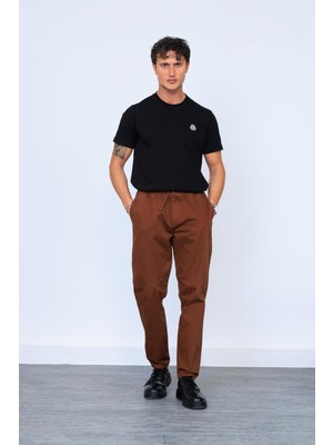 Kahve Parça Boya Beli Lastikli Bağcıklı Chino