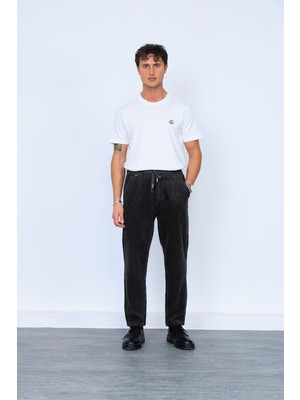 Antrasit Beli Lastikli Kalın Fitilli Kadife Pantolon