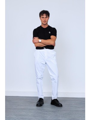 Beyaz Parça Boya Beli Lastikli Bağcıklı Chino