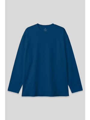 Indigo O Yaka Rahat Form Battal Büyük Beden Uzun Kollu Erkek T-Shirt - 88107
