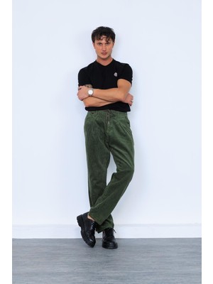 Açık Haki Beli Lastikli Kalın Fitilli Kadife Pantolon