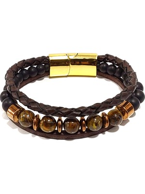 Herşey Nota Kahverengi Doğaltaş Hakiki Deri Erkek Bileklik | Mıknatıslı Metal Tokalı Şık ve Doğal Tasarım