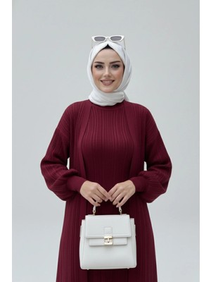 Mevese NEW Bordo Fitilli Triko İkili Takım | Balon Kollu Uzun Hırka ve Elbise Seti