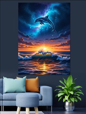 Artmeg Gün Batımında Atlayan Yunus Dekoratif Kanvas - Mdf Ahşap Tablo