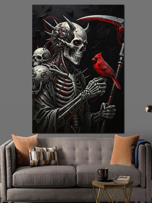 Artmeg İskelet ve Kırmızı Kuş Dekoratif Kanvas - Mdf Ahşap Tablo