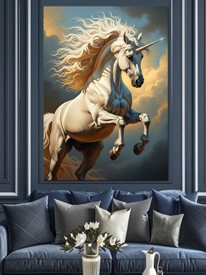 Artmeg Şahlanan Beyaz Unicorn At Dekoratif Kanvas - Mdf Ahşap Tablo
