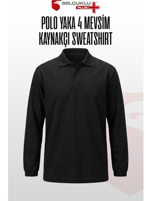 Selçuklu Plus Polo Yaka Kaynakçı Sweatshirt Siyah – Ön Yüz Kot Kumaş Arka Penye İş Elbisesi
