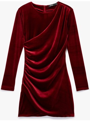 Koton Uzun Kollu Bisiklet Yaka Drape Detaylı Mini Kadife Elbise