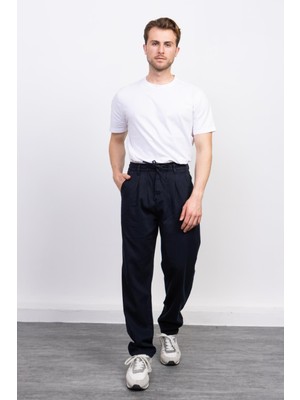 Lacivert Ipli Beli Lastikli Baggy Pantolon