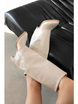 Straswans Henrik Kadın Tozluk Detay Kırışık Deri Çizme Bej