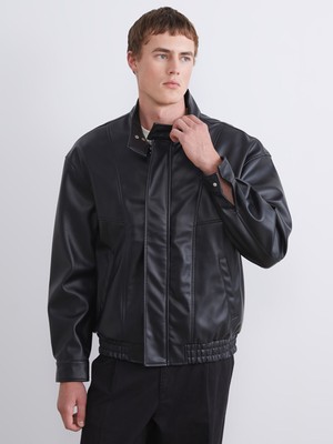LC Waikiki Siyah Rahat Kalıp Dik Yaka Erkek Deri Görünümlü Ceket