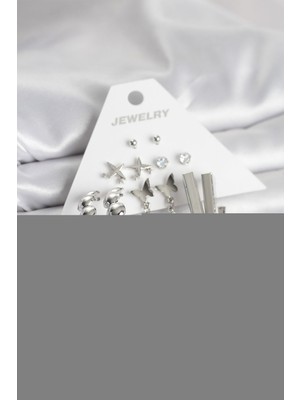 Maarketim Gümüş Renk Pirinç 6'lı Kadın Küpe Seti