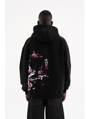 Machinist Erkek Kiraz Çiçekleri Nakışlı Kapüşonlu Oversize Sweatshirt Siyah