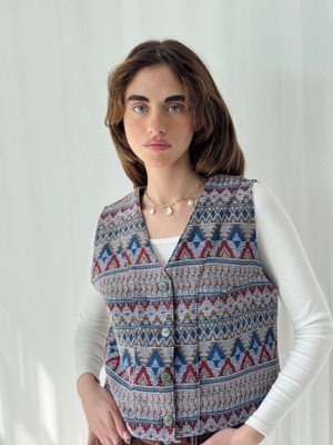 Retrobird Kadın Gri-Mavi Kilim Desen Tasarım Yelek Oversize Günlük Stil