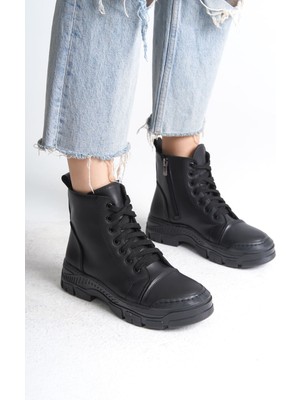 Mevese New Bloom Kadın Siyah Deri Günlük Bot