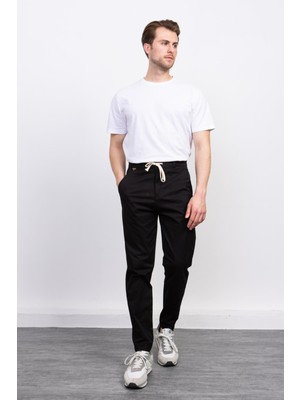 Siyah Ipli Chino Pantolon-Çıtçıt Cep Detaylı