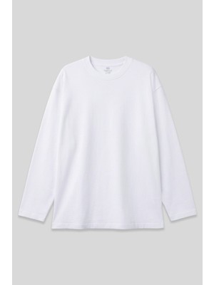 Beyaz O Yaka Rahat Form Battal Büyük Beden Uzun Kollu Erkek T-Shirt - 88107