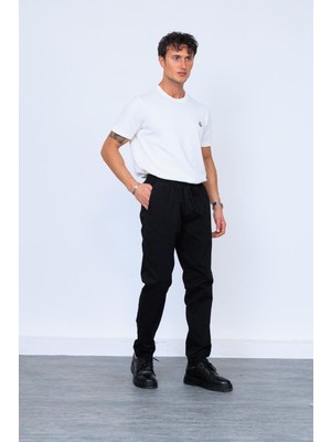 Siyah Parça Boya Beli Lastikli Bağcıklı Chino