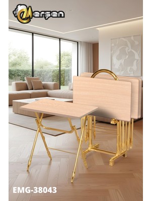 Erşen Eranş Serisi 4'lü Katlanır MDF Mebran Açık Meşe Desen Çanta Zigon Sehpa Metal Ayak Gold Kaplama