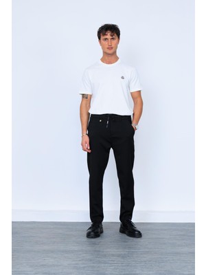 Siyah Beli Lastikli Bağcıklı Chino Pantolon