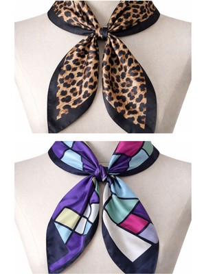 Aida Jewelss 2 Li Saten Bandana Seti Saten Fular Saten Çanta Aksesuarı Özel Desen Bandana 45X50 Cm