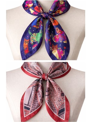 Aida Jewelss 2 Li Saten Bandana Seti Saten Fular Saten Çanta Aksesuarı Özel Desen Bandana 45X50 Cm