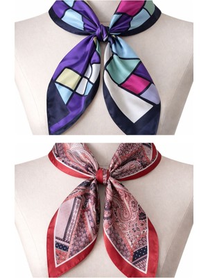 Aida Jewelss 2 Li Saten Bandana Seti Saten Fular Saten Çanta Aksesuarı Özel Desen Bandana 45X50 Cm