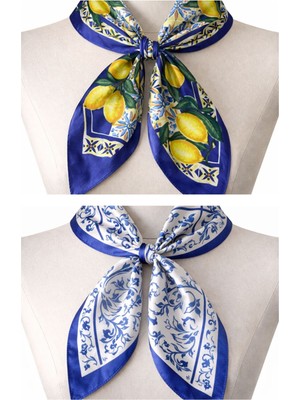 Aida Jewelss 2 Li Saten Bandana Seti Saten Fular Saten Çanta Aksesuarı Özel Desen Bandana 45X50 Cm