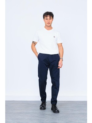 Lacivert Parça Boya Beli Lastikli Bağcıklı Chino