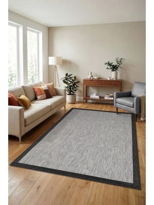 Adalizza Çerçeveli Bohem Dokunuşlu Doğal Tonlarda Modern Sisal  Siyah Gri Renk Halı