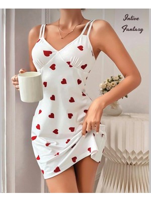 Intive Lingerie Intive Beyaz Kırmızı Kalp Desenli Çift Asklı Mini Gecelik-Rahat ve ÇEKICI-13055