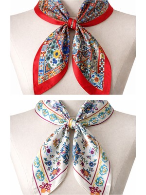 Aida Jewelss 2 Li Saten Bandana  Seti Saten Fular Saten Çanta Aksesuarı Özel Desen Bandana 45X50 cm