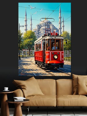 Karizma Tablo Istanbul Kırmızı Nostaljik Tramvay Dekoratif Kanvas - Mdf Ahşap Tablo