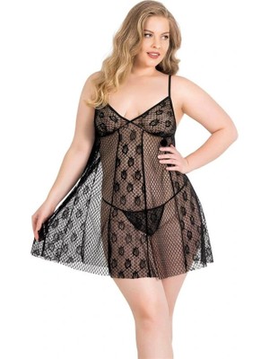 Aria's Closet Arias Closet Büyük Beden Siyah Kısa Tül Gecelik