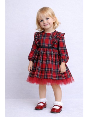 Cumino Kız Bebek Ekose Tül Detaylı Pamuk Astarlı Uzun Kollu Elbise (6–24 Ay)