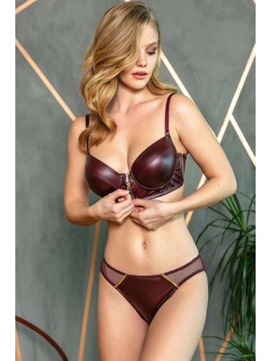 Aria's Closet Arias Closet Deri Görünümlü Balenli Destekli Dolgulu Askıları Çıkabilen Ortası Fermuarlı Büstiyer Sütyen ve Slip Takım