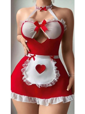 Aria's Closet Arias Closet Kırmızı Beyaz Dantel Işlemeli Kalp Detaylı Fantezi Fransız Hizmetçi Kostümü