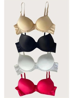 Aria's Closet Arias Closet Siyah-Beyaz-Kırmızı-Ten 4'lü Dolgulu Push Up Micro Balenli Günlük Tek Destekli Sütyen